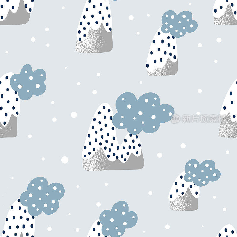 Cute textured pattern with snowy mountains , clouds and snowflakes around. Hand drawn Scandinavian style vector illustration.
